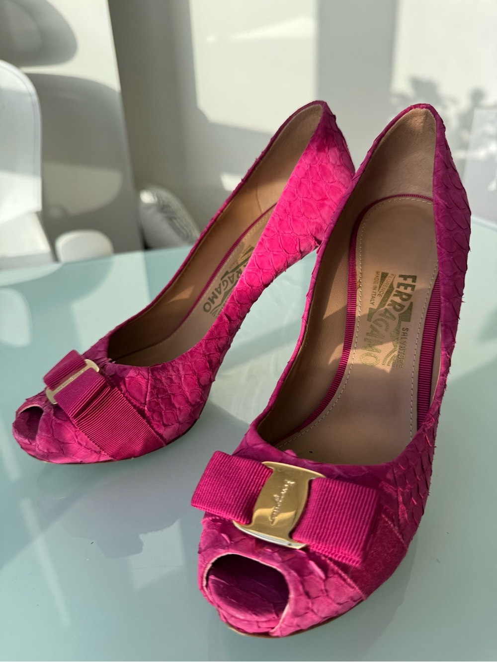 Salvatore Ferragamo Hot Pink Python Peep-Toe Pumps with Bow